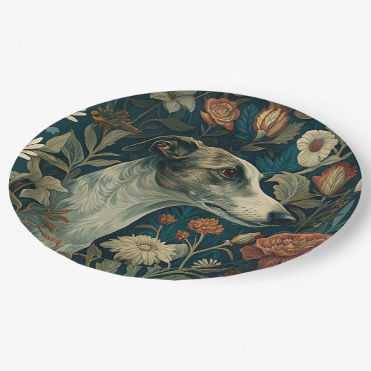 Whippet Brindle and White William Morris Style Papieren Bordje (Gekanteld)