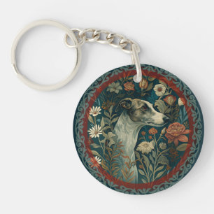 Whippet Brindle en Witte William Morris Bloem Sleutelhanger