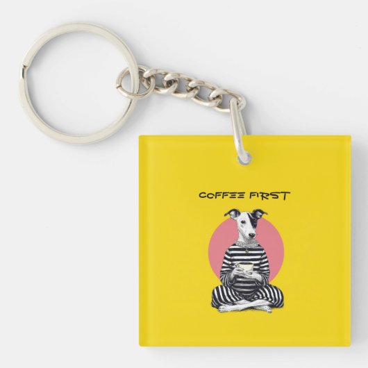 Whippet Coffee Time – Eigenzinnige Vintage Hond Sleutelhanger (voorkant)