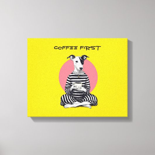 Whippet Coffee Time – Quirky Vintage Dog  Canvas Afdruk (Voorkant)