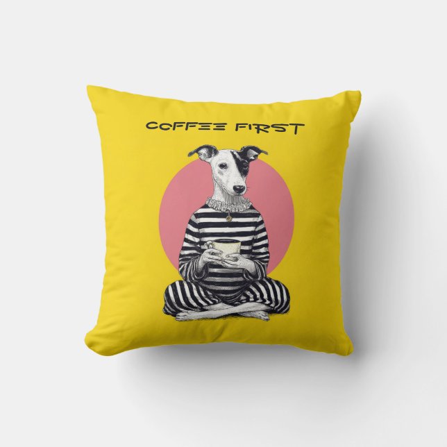 Whippet Coffee Time – Vreemde vintage hond Kussen (Voorkant)