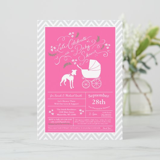 Whippet Dog Baby shower Girl Pink Kaart (Staand voorkant)