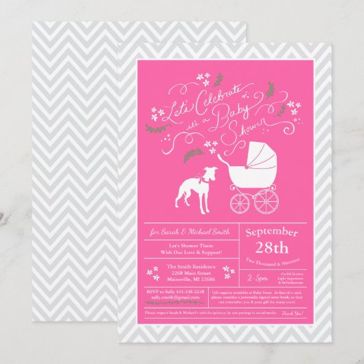 Whippet Dog Baby shower Girl Pink Kaart (Voorkant / Achterkant)