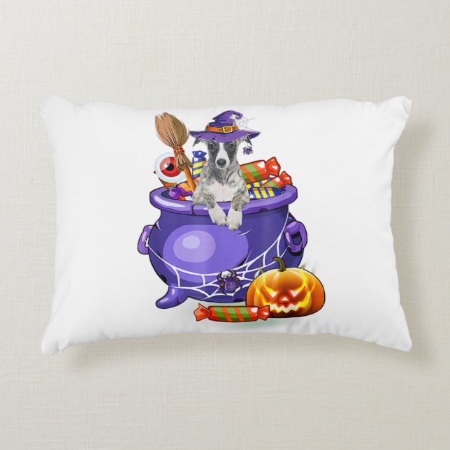 Whippet Dog met heks pet Snoep Pumpkin Halloween Accent Kussen (Voorkant)