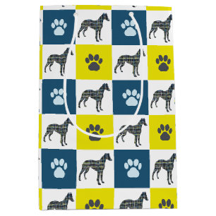 Whippet Dog & Paw Yellow & Blue Grid Medium Cadeauzakje