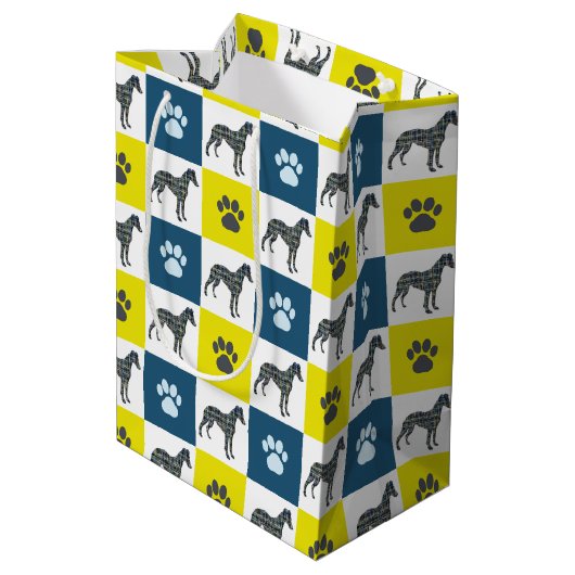Whippet Dog & Paw Yellow & Blue Grid Medium Cadeauzakje (Achterkant Gekanteld)