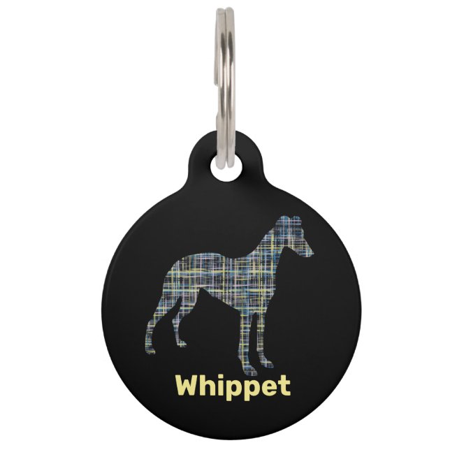 Whippet Dog Silhouette Yellow & Black Grid Huisdierpenning (Voorkant)