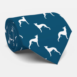 Whippet Dog Silhouetten Patroon Blauw en Wit Stropdas