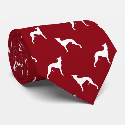 Whippet Dog Silhouetten Patroon Rood en Wit Stropdas (Opgerold)