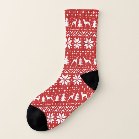 Whippet Dog Silhouettes Red Kerstmis Pattern Sokken (Links - buitenkant)