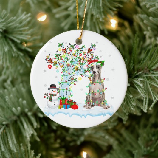 Whippet Dog Xmas Tree Lighting | Santa Hat Gift Keramisch Ornament (Boom)