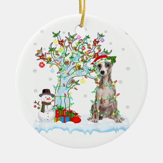 Whippet Dog Xmas Tree Lighting | Santa Hat Gift Keramisch Ornament (Voorkant)
