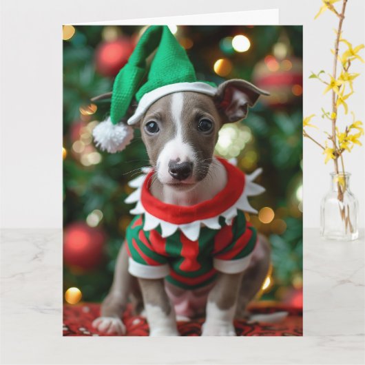 Whippet Elf Puppy Kerst Kaart (Gele Bloem)