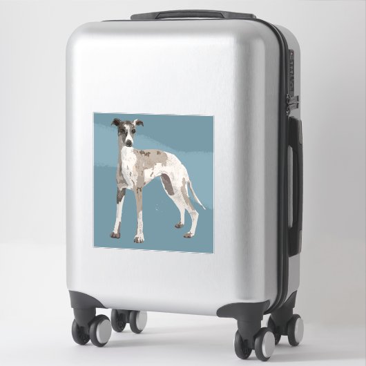 Whippet grijs en wit, blauwe achtergrond sticker (Koffer)