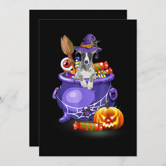 Whippet-hond met heksenhoed snoeppompoen Halloween Feestdagenkaart (Voorkant / Achterkant)