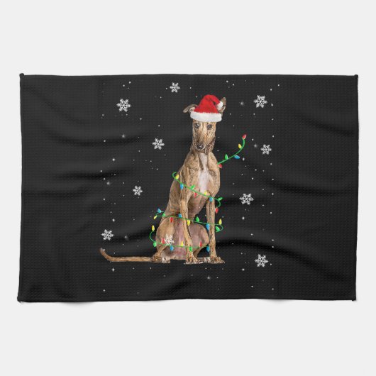 Whippet-kerstmis met lichte staart voor Kerstmis Theedoek (Horizontaal)