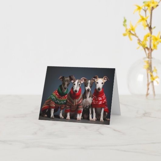 Whippet Puppies Kerst Kaart (Gele Bloem)