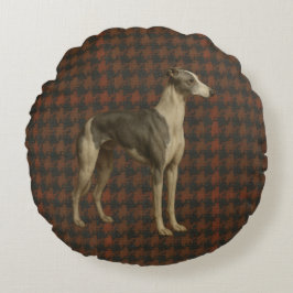 Whippet round cushion. Whippet on tweed/tartan Rond Kussen