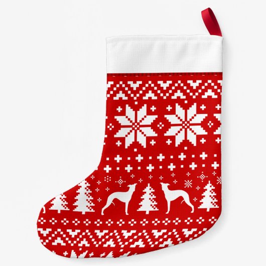 Whippet Silhouettes Red en White Pattern Kleine Kerstsok (Achterkant)