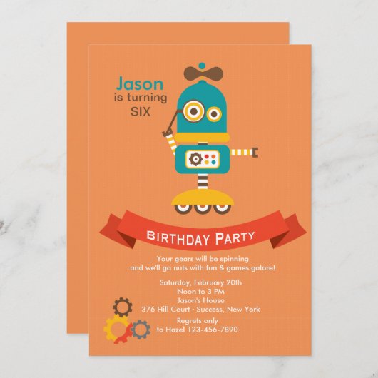 Whirly Robot Invitation Kaart (Voorkant / Achterkant)