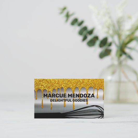 Whisk | Glitter Drip (goudglitter) | Metaal Visitekaartje (Staand voorkant)