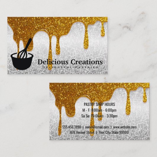 Whisk-pictogram | Gouden Glitter druppels Visitekaartje (Voorkant / Achterkant)