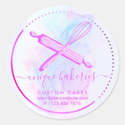 Whisk Rolling Pin Girly Bakery Waterverf Ombre Ronde Sticker (Voorkant)