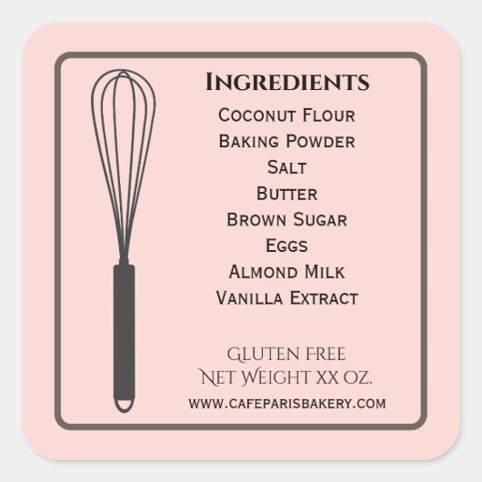 Whisk Roze Bakkerij Productlabel Ingrediënten Vierkante Sticker (Voorkant)