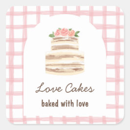 Whisk & Warmth Roze Gingham Waterverf Cake Bakkeri Vierkante Sticker
