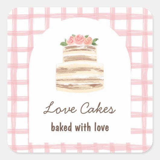Whisk & Warmth Roze Gingham Waterverf Cake Bakkeri Vierkante Sticker (Voorkant)