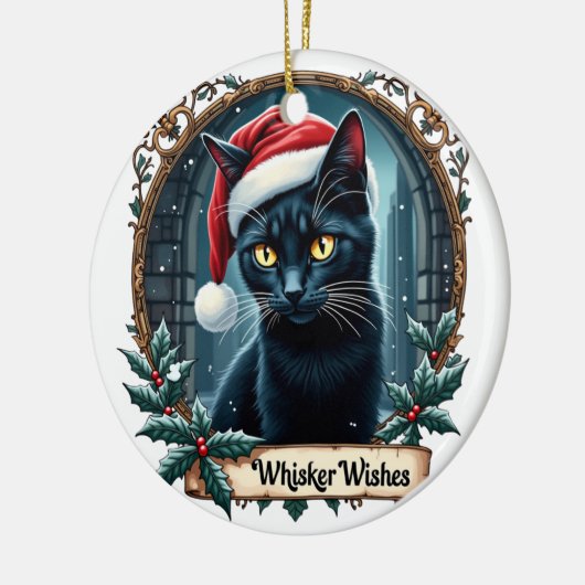 Whisker Wishes - Black Cat Christmas Art Ornament (Links)