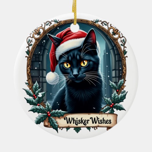 Whisker Wishes - Black Cat Christmas Art Ornament (Achterkant)