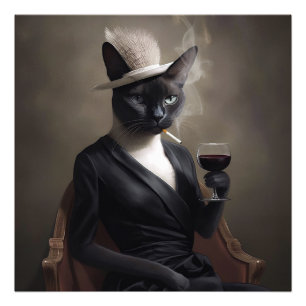 Whiskered Cat vraagt zich af: Digitale kattenportr Foto Afdruk