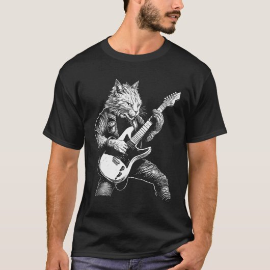 Whiskered Rockstar Cat Shredding the Strings T-shirt (Voorkant)