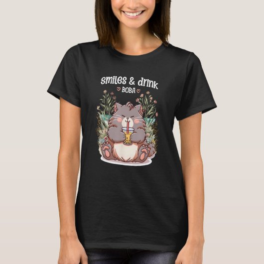 Whiskers and Boba Bliss Funny Cat Smile Enjoying B T-shirt (Voorkant)
