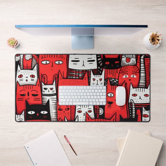 Whiskers and Wonders: Rood Terwijl Zwarte Kat Lief Bureaumat (Kantoor 1)