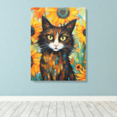 Whiskers en Zonnebloem Verrukking Kat Lover's Canvas Afdruk (Insitu (Houten vloer))