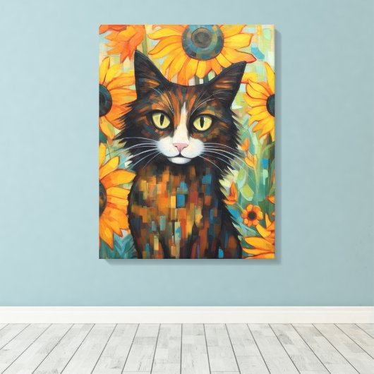 Whiskers en Zonnebloem Verrukking Kat Lover's Canvas Afdruk (Insitu (Houten vloer))