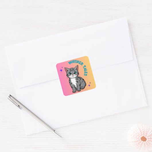 Whiskers & Tales | Schattigee Storybook Cat Sticke Vierkante Sticker (Envelop)