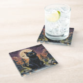 Whiskers van het Heksenuur - Black Cat Glazen Onderzetter (Schuin)