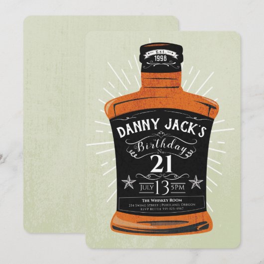 Whiskey Bottle 21st Birthday Party Invite Kaart (Voorkant / Achterkant)