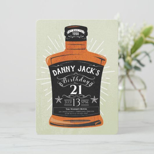 Whiskey Bottle 21st Birthday Party Invite Kaart (Staand voorkant)
