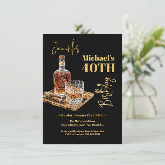 Whiskey Bourbon en Sigaar Verjaardag gouden dienbl Kaart (Staand voorkant)