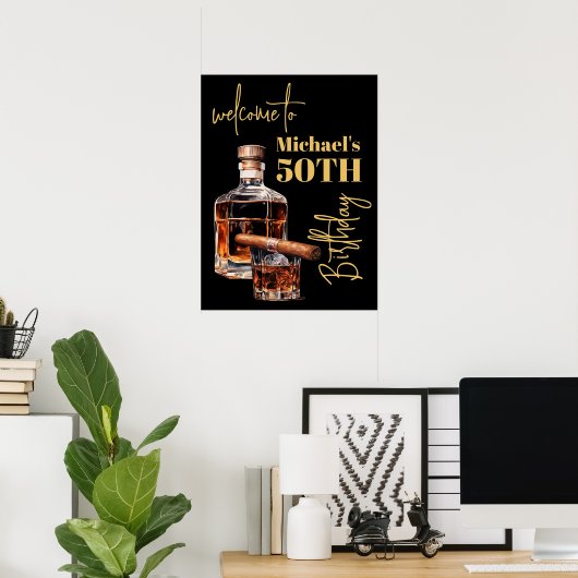 Whiskey Bourbon en sigaar Verjaardag Welkomstbord Poster (Thuiskantoor)