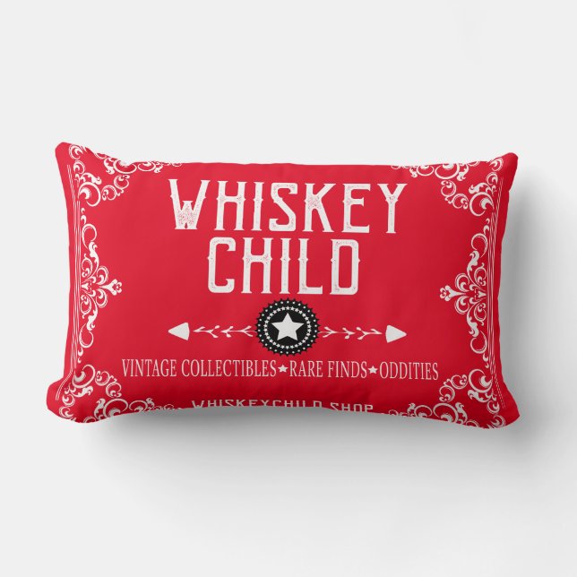 WHISKEY CHILD - Rode Kussen met Vintage Verzamelob (Voorkant)