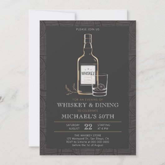 Whiskey Dining Black White Modern 50th Birthday Kaart (Voorkant)