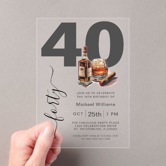 Whiskey en Sigaren Mannelijk 40e Verjaardagsfeest Acryl Uitnodigingen (Insitu (Draagbaar))