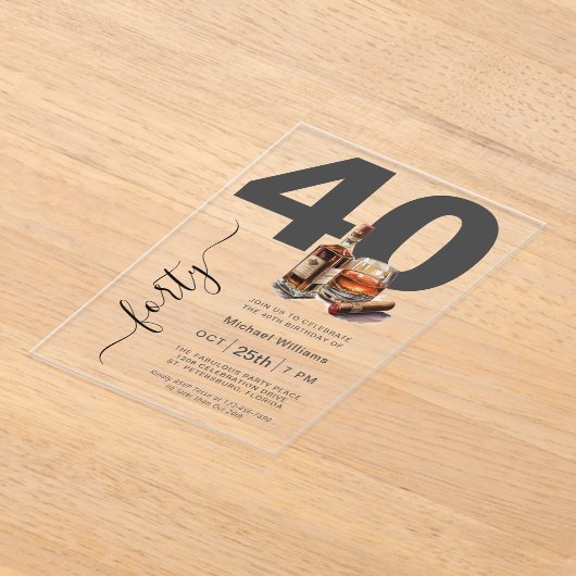 Whiskey en Sigaren Mannelijk 40e Verjaardagsfeest Acryl Uitnodigingen (Laagn)