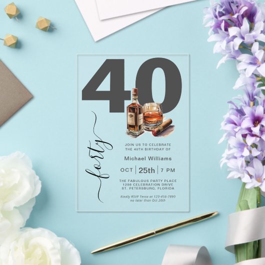 Whiskey en Sigaren Mannelijk 40e Verjaardagsfeest Acryl Uitnodigingen (Insitu (Huwelijk))