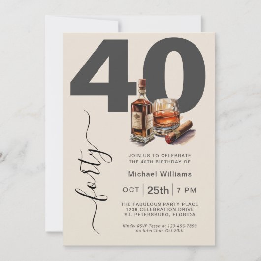 Whiskey en Sigaren Mannelijk 40e Verjaardagsfeest Kaart (Voorkant)